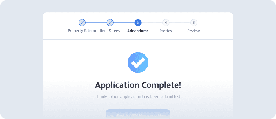 The application flow showing Application Complete after the applicant submits