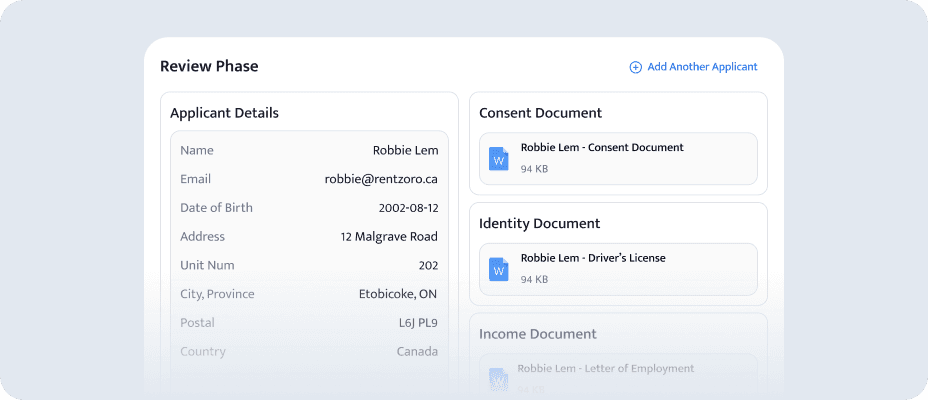 The Express Screen review phase with applicant details and uploaded consent and identity documents