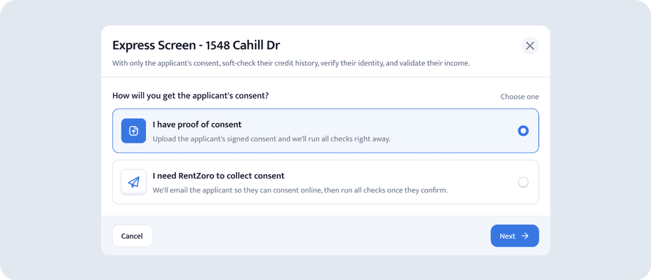 The Express Screen dialog asking whether you have proof of consent or need RentZoro to collect it