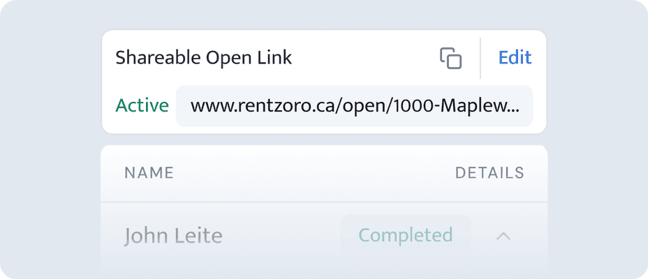 An active shareable open link with a completed applicant below it