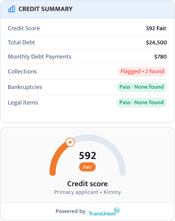 A credit summary with a 592 Fair TransUnion credit score, total debt, collections and bankruptcies
