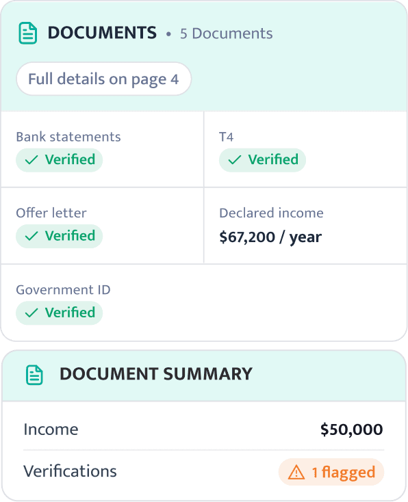 A documents summary with verified bank statements, T4, offer letter and government ID