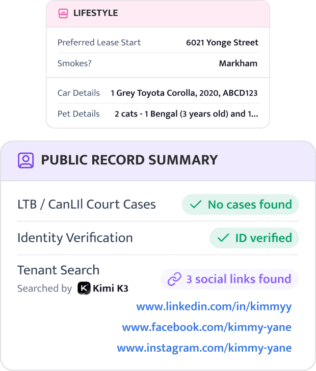 A public record summary with a verified ID, no court cases and social links found by tenant search