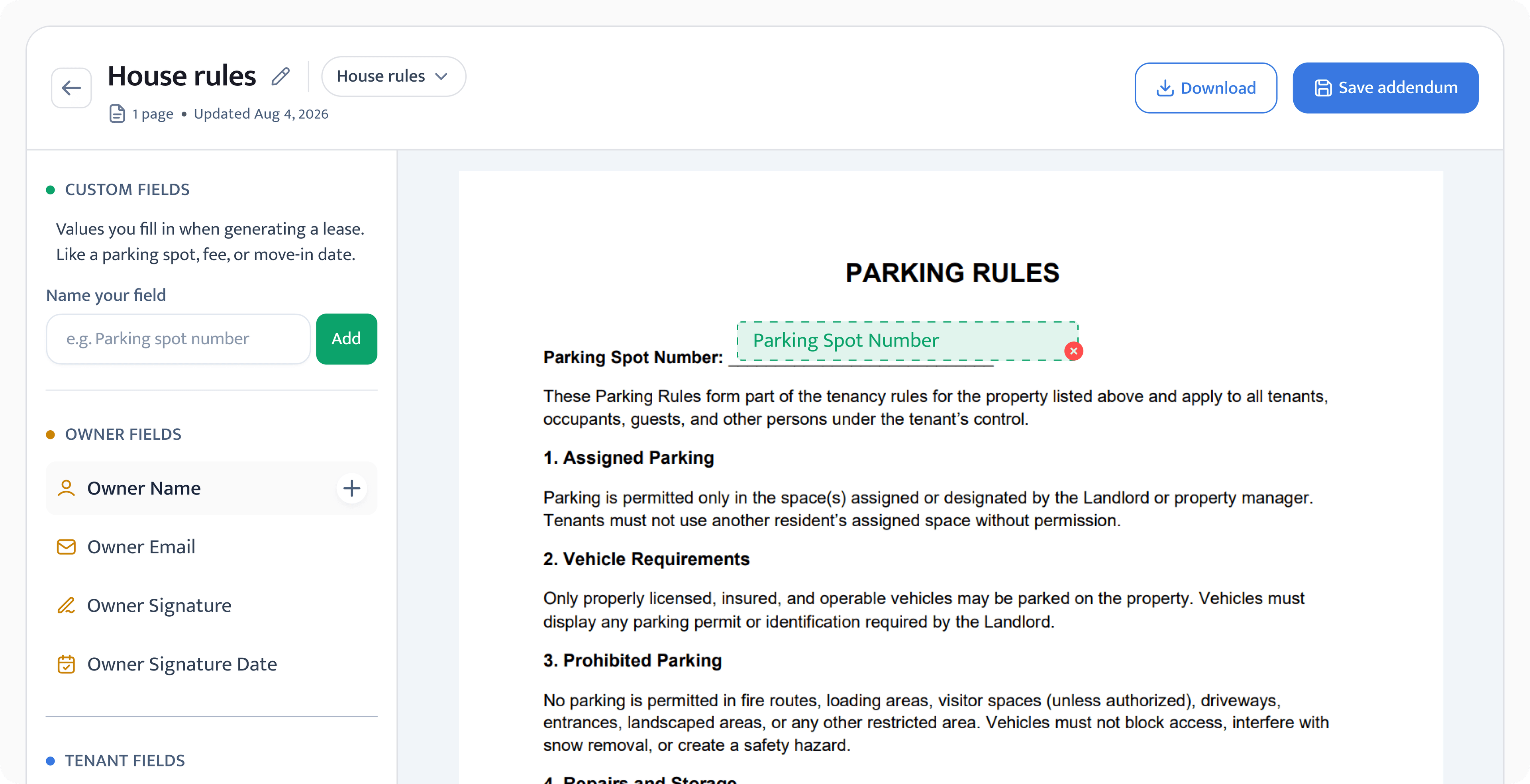 House rules addendum editor with a parking spot number field and the parking rules document