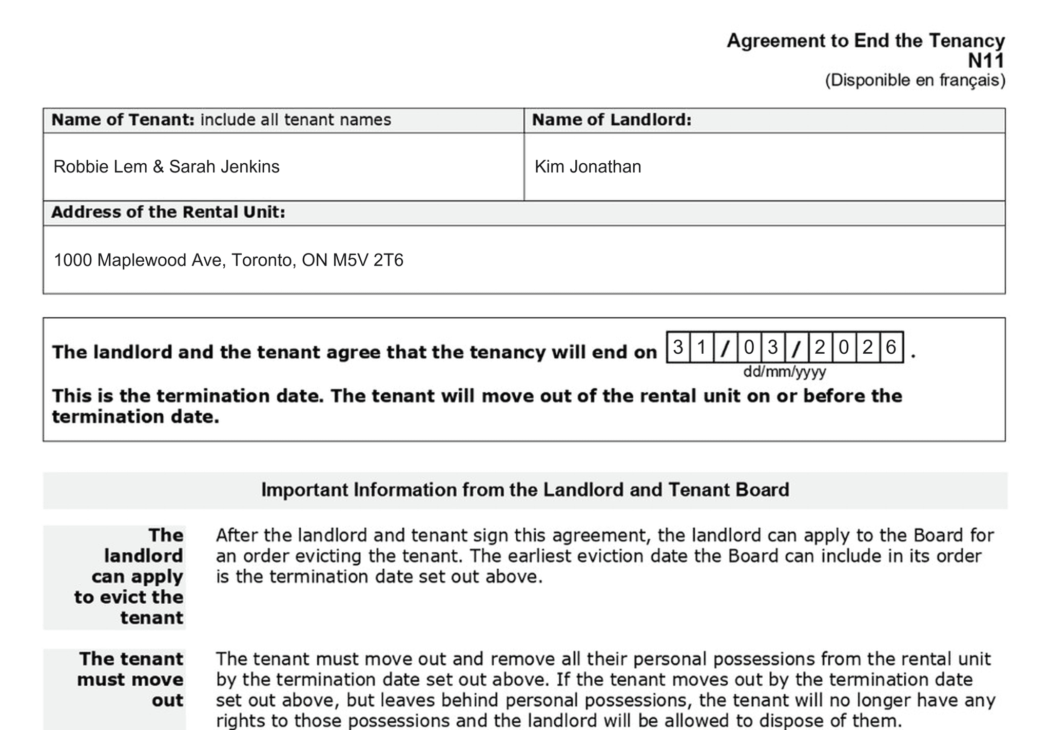 Agreement to End the Tenancy (N11), with the agreed termination date and the move-out terms from the Landlord and Tenant Board.