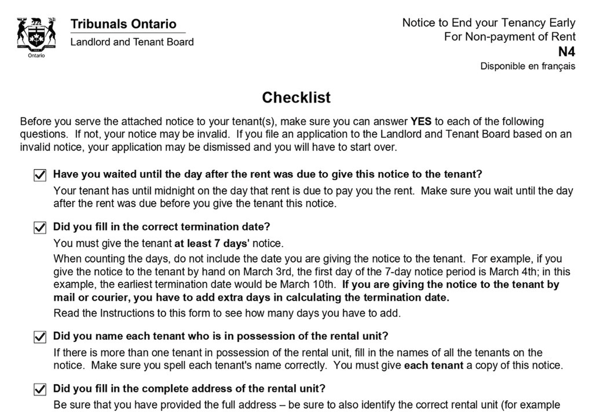 Checklist for the notice to end a tenancy early for non-payment of rent, covering the termination date, tenant names, and rental unit address.