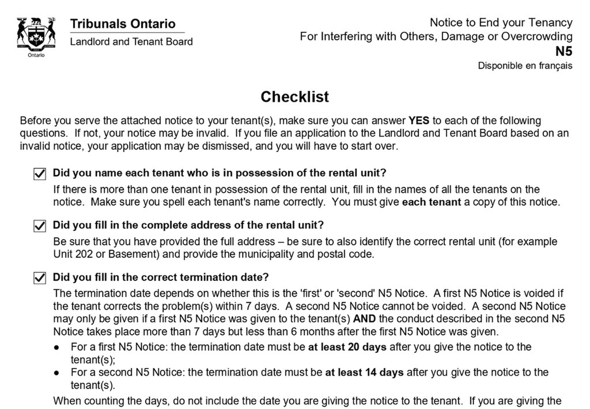 Checklist for the notice to end a tenancy for interfering with others, damage, or overcrowding, including the termination date rules.