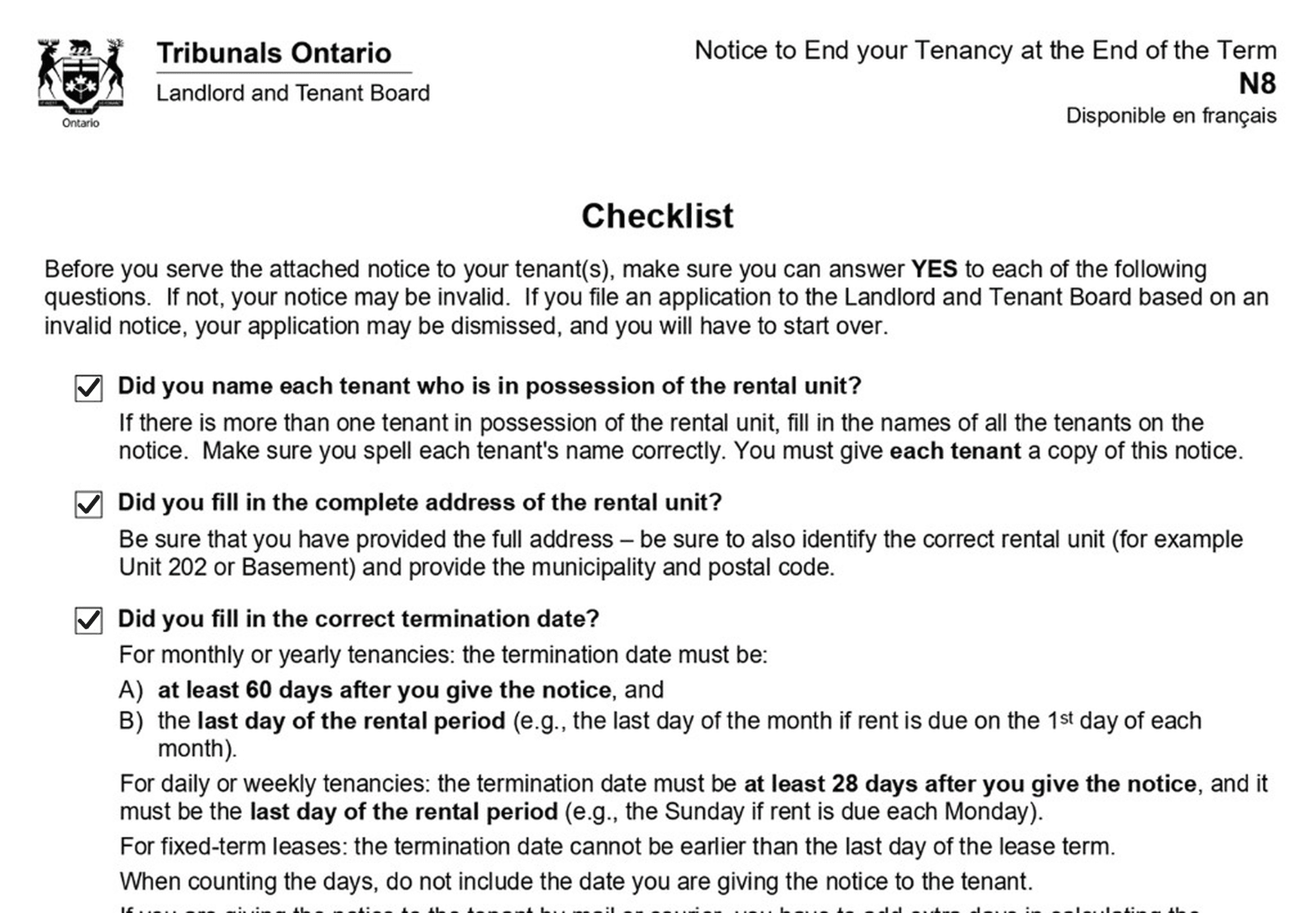 Checklist for the notice to end a tenancy at the end of the term, including the 60-day notice and last-day-of-the-rental-period rules.